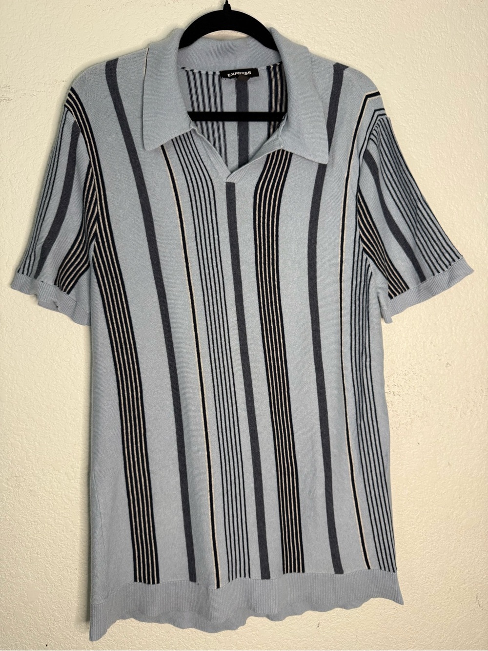 Express Light Blue Polo with Black & Gray Vertical Stripes